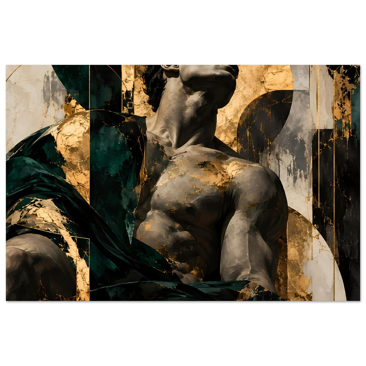 Kunstposter: Barockskulptur eines Mannes mit dunkler Draperie, Grau-, Grün- und Goldtönen