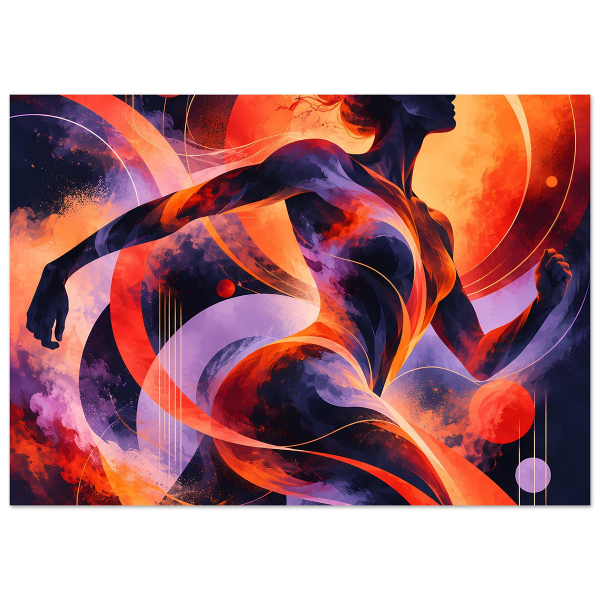 Farbkräftiges Poster im Querformat mit abstrakter Frauensilhouette in Orange, Lila und Blau