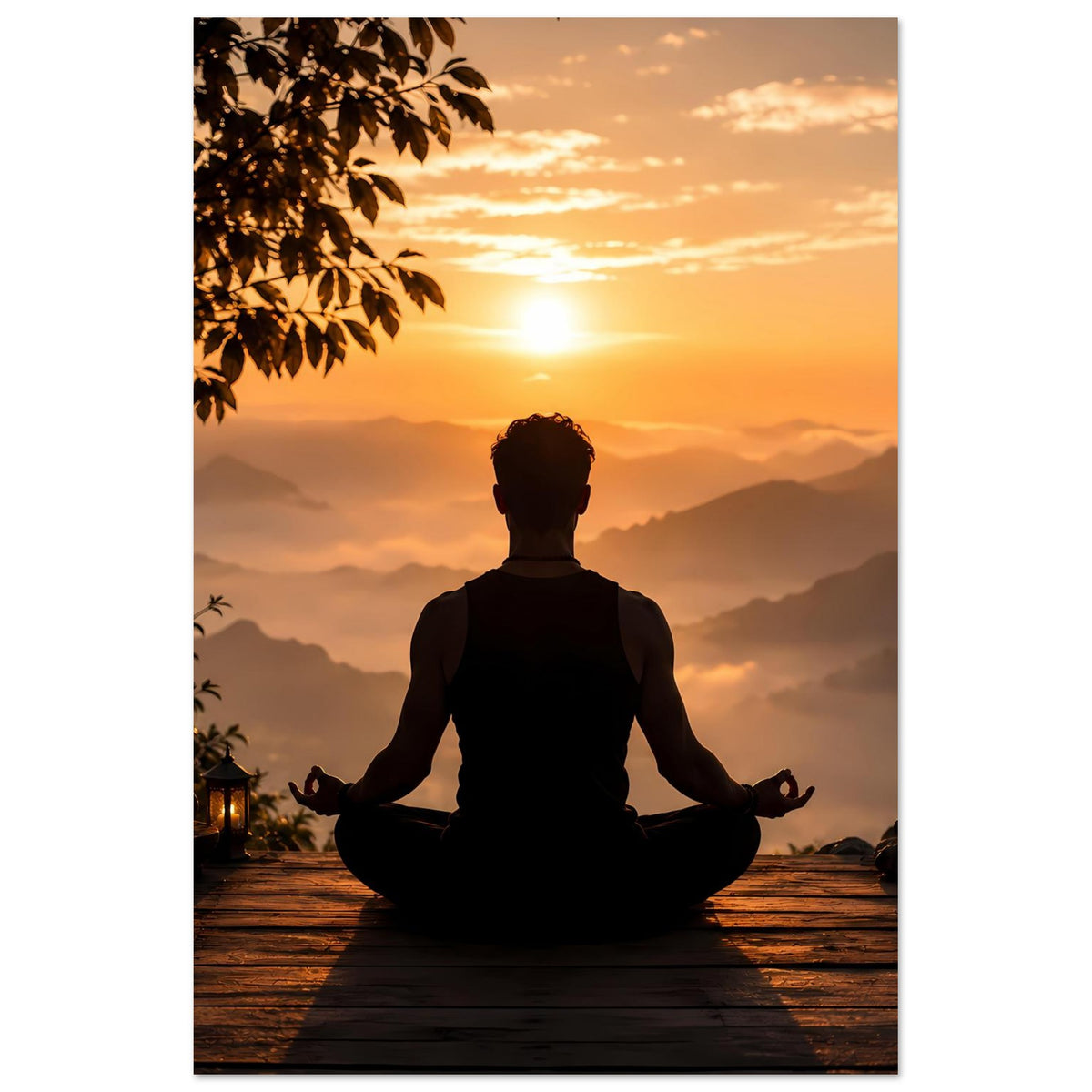 Meditationsposter (Hochformat) mit Silhouette im Lotussitz und Sonnenuntergang, Blattzweig links