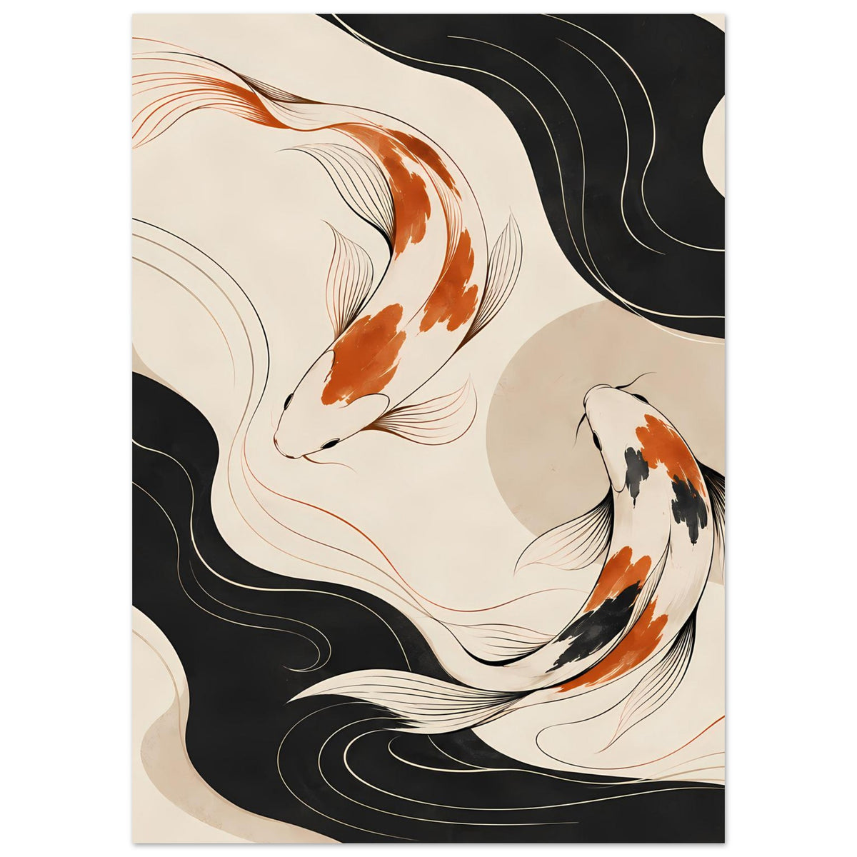 Poster mit Koi-Fisch-Motiven in Orange und Schwarz auf hellem Beige mit Wellen