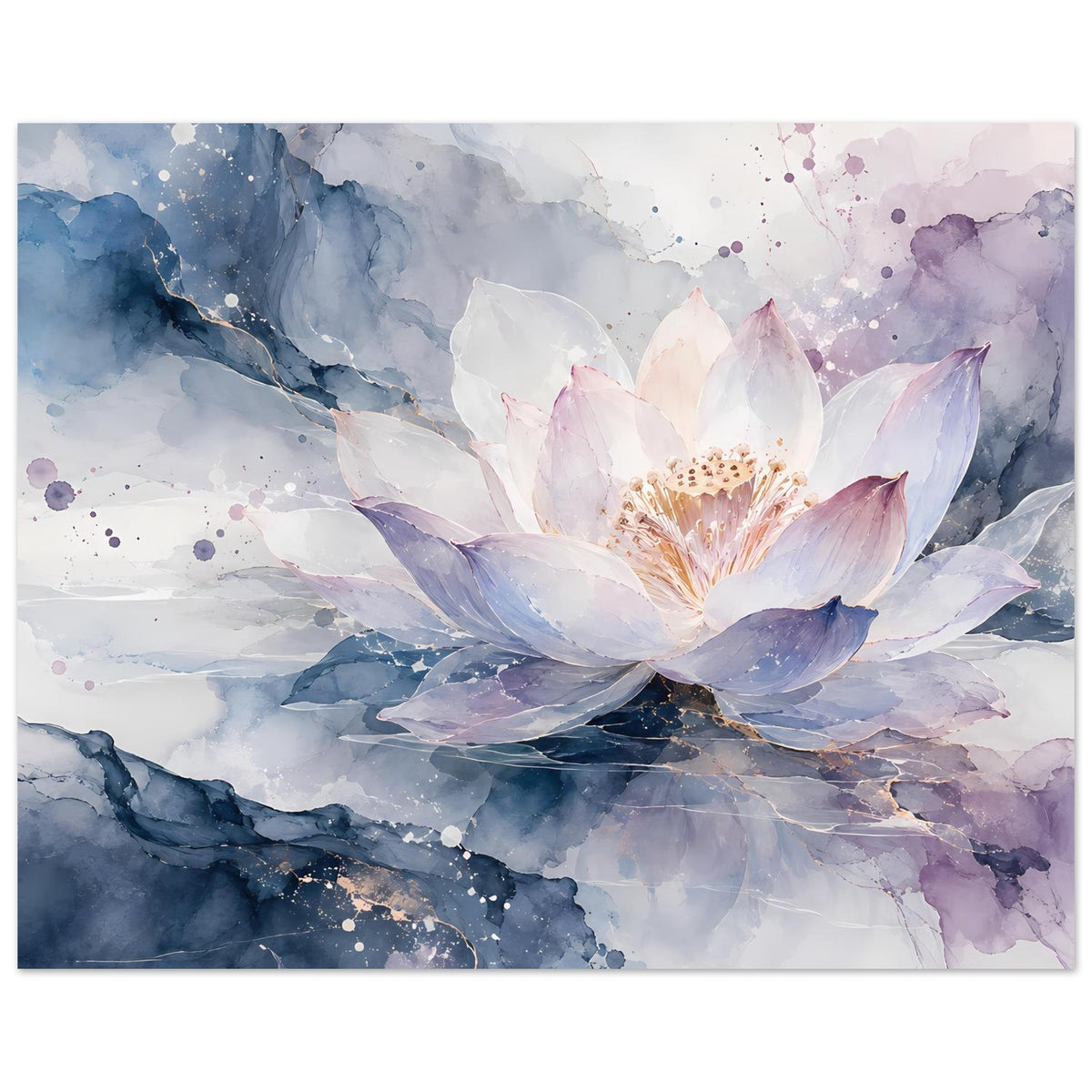Blumenposter im Querformat: Lotusblüte in Pastellblau, Rosa und Lila, Farbwolken