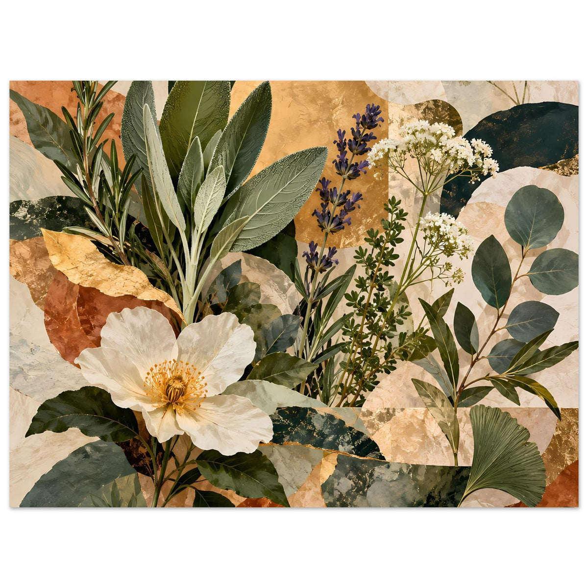 Botanisches Poster mit Strauß aus weißen Blüten, blauen Blütenständen und großen grünen Blättern