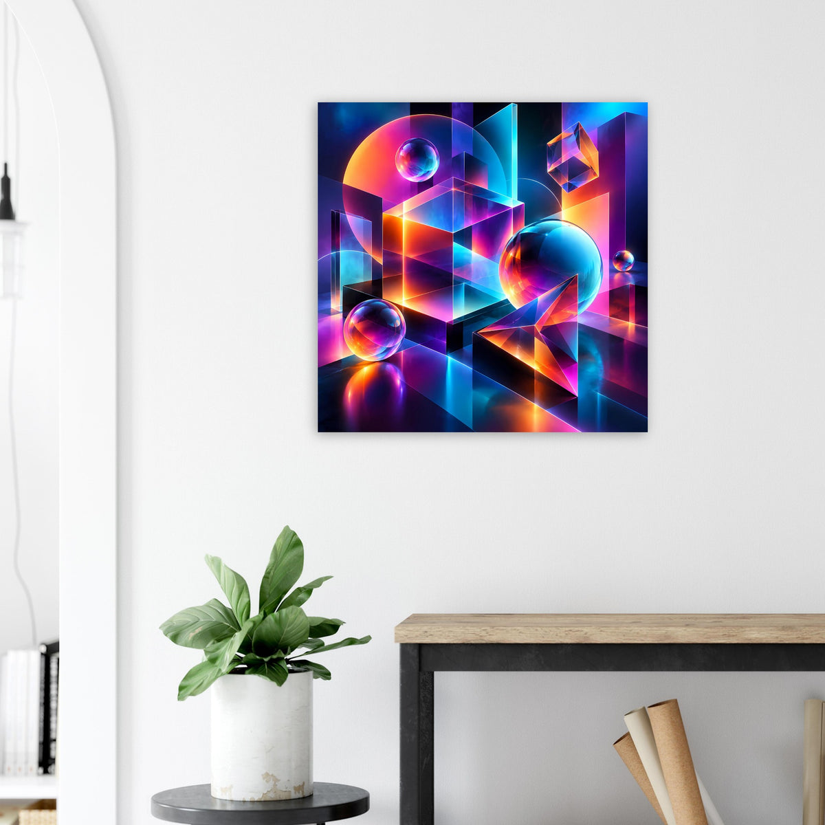 Quadratisches Neon-Geometry-Poster mit leuchtenden 3D-Kacheln und Kugeln