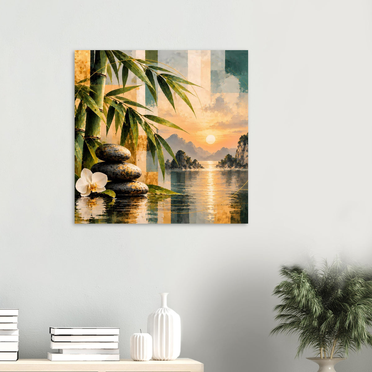 Quadratisches Poster mit Zen-Sonnenuntergang über ruhigem See, Bambusblättern und Steinsäulen