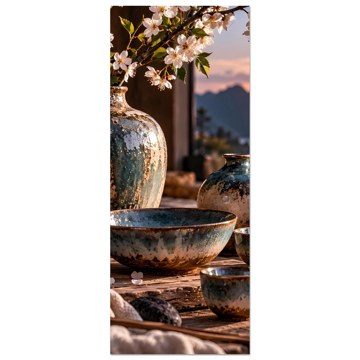 Hochkant-Poster mit japanischer Keramik: Vase, große Schüssel und kleine Schalen