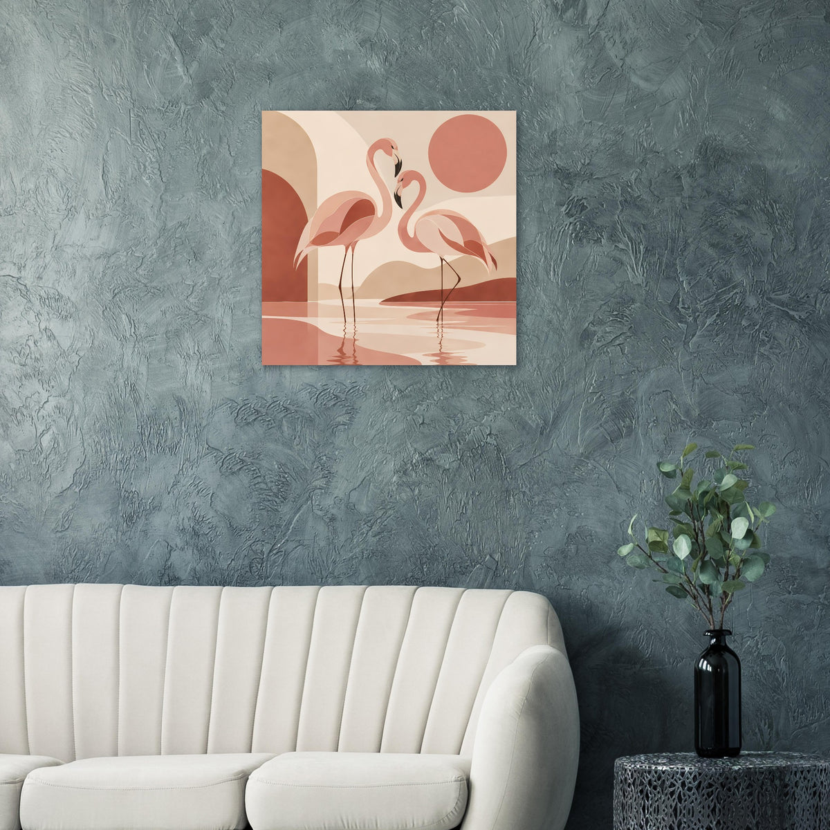 Quadratisches Naturposter mit Flamingos im Boho-Sonnenuntergang, in warmem Pastelllook