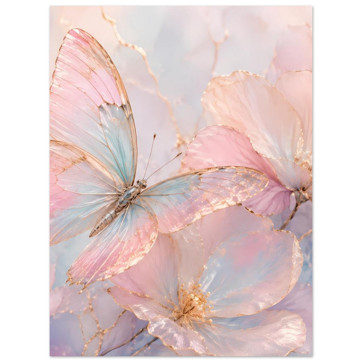 Vertikales Aquarell-Poster mit Schmetterling und Blüten in Rosa, Blau und Goldakzenten