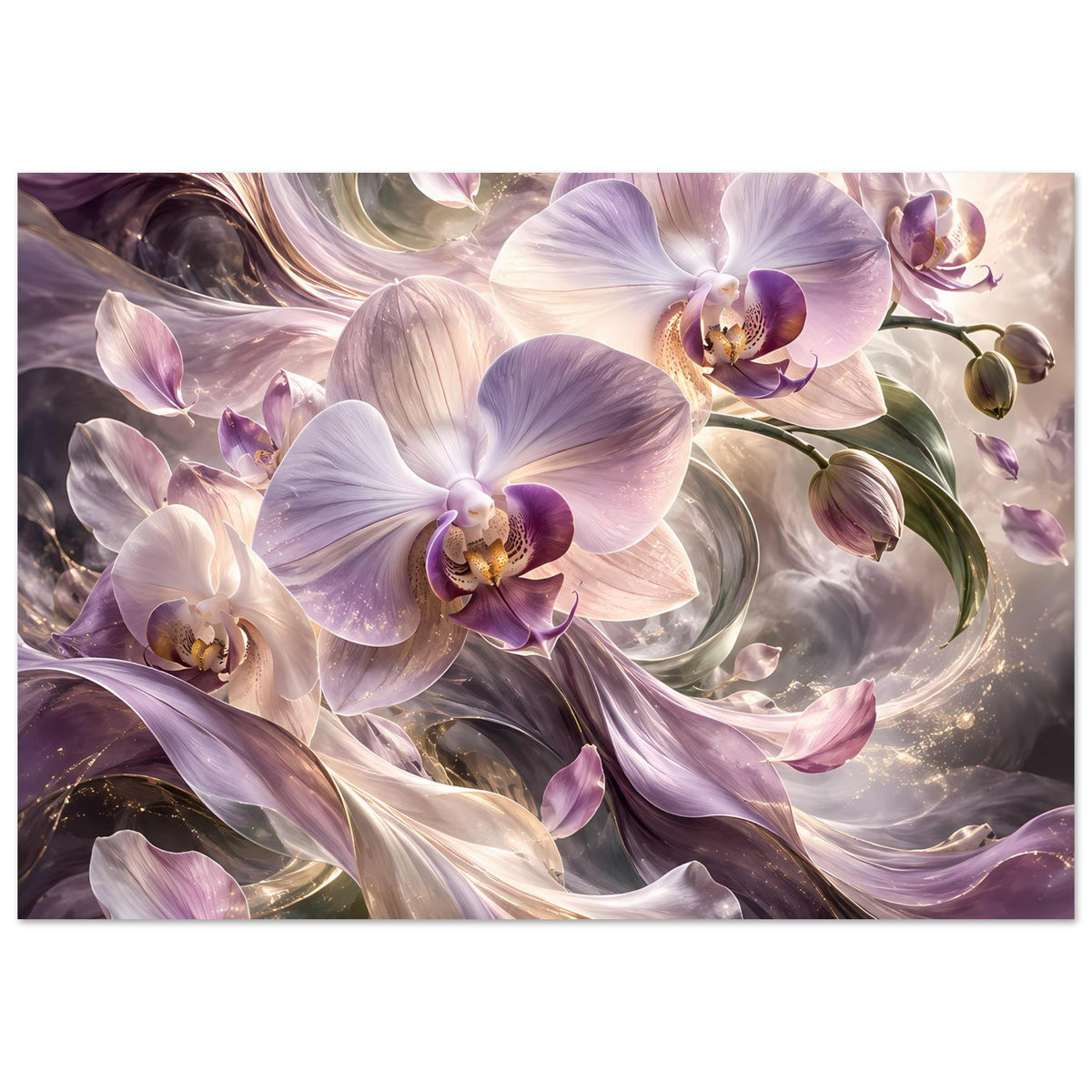 Orchideenblumenposter mit zentraler violetter Orchidee und cremefarbenen Blütenblättern