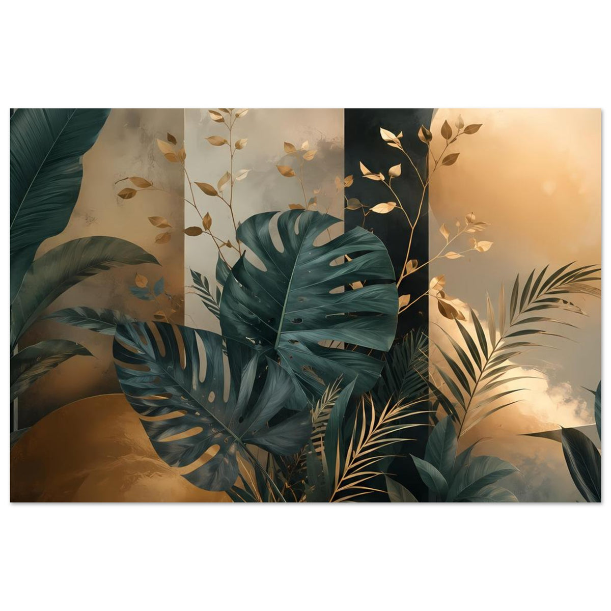 Wandposter mit Monstera-Blatt, Palmenwedeln und goldenen Blüten in Petrolgrün.