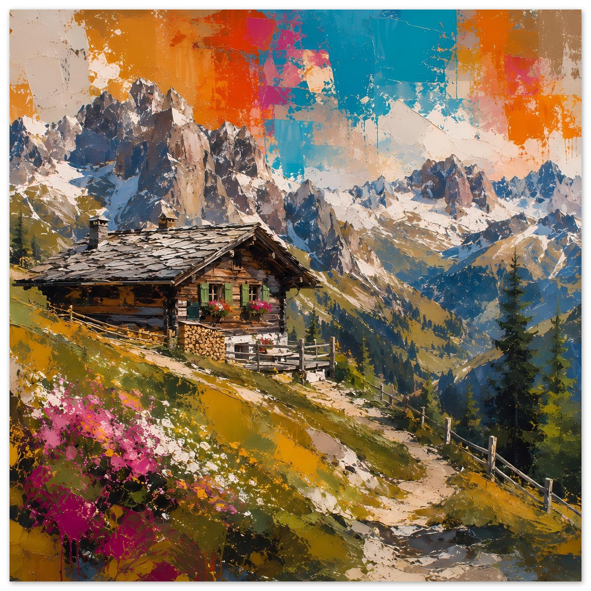 Wandposter, quadratisch: Berglandschaft mit rustikaler Hütte und kräftigem abstrahiertem Himmel