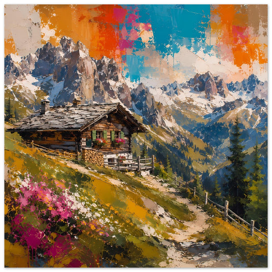 Wandposter, quadratisch: Berglandschaft mit rustikaler Hütte und kräftigem abstrahiertem Himmel