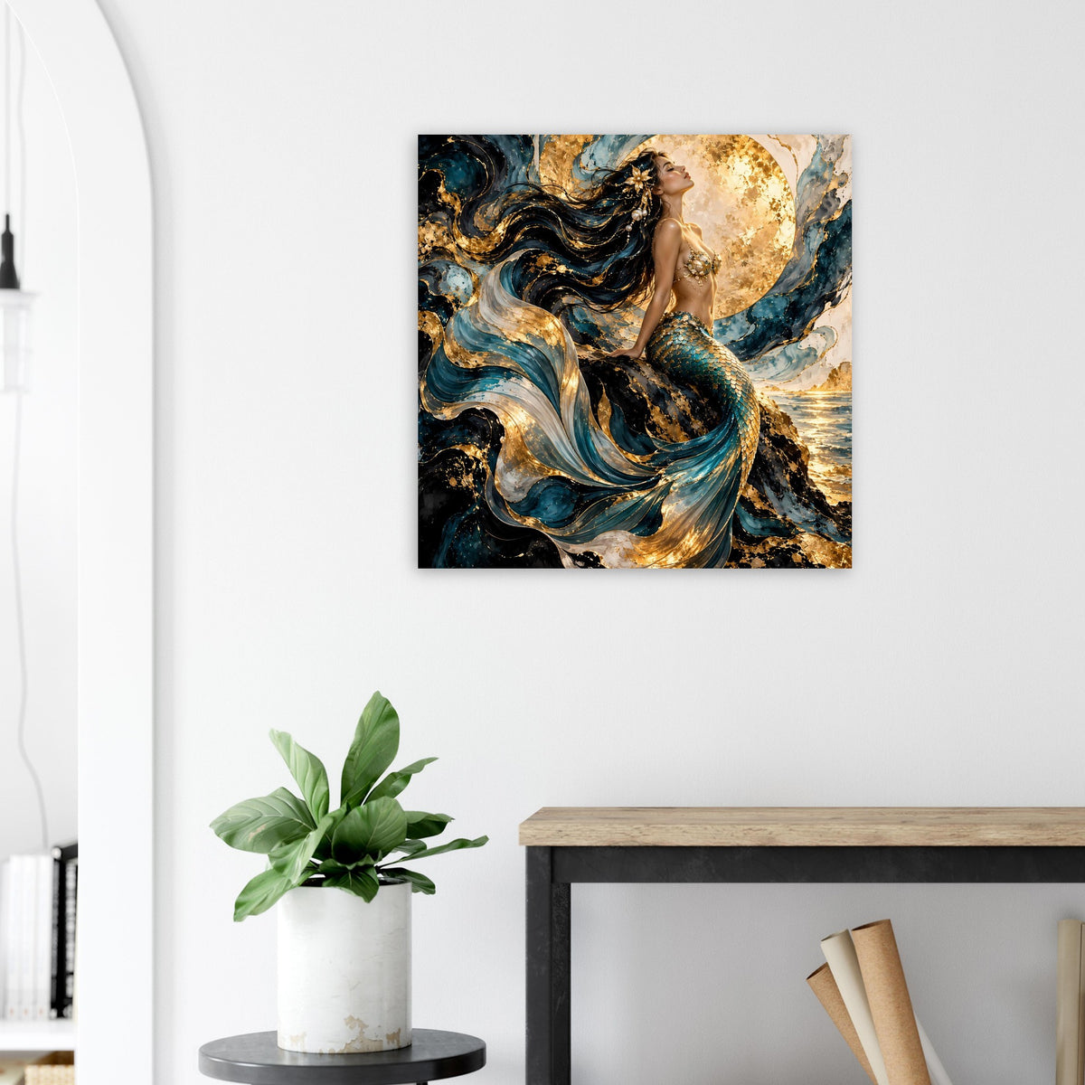 Wandposter mit Meerjungfrau in Türkis- und Goldfarben, wehendes Haar, leuchtender Hintergrund