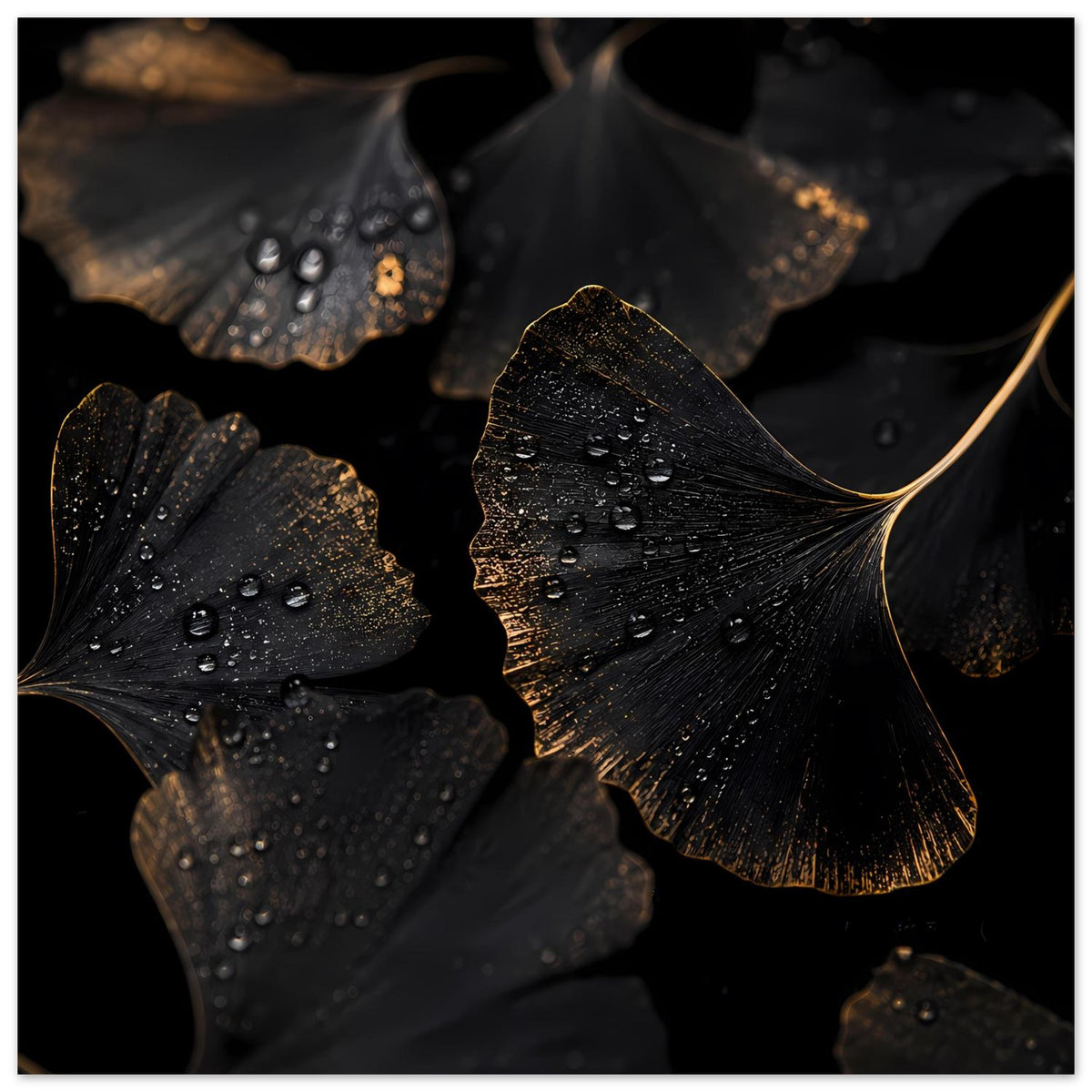 Breites Ginkgo-Blatt-Poster mit schwarzen Blättern, goldenen Akzenten und Tropfen