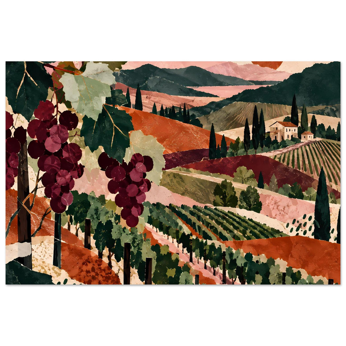 Weinreben-Landschaftsposter mit Traubenranken, Feldern in Grün- und Orangetönen und Häusern