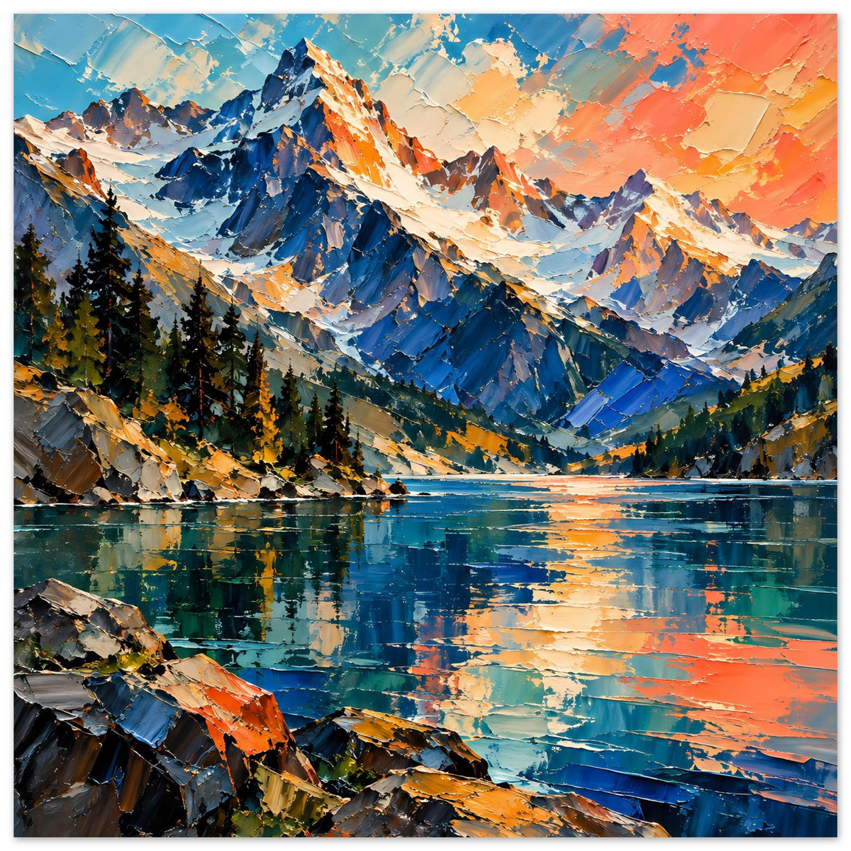 Mattes Poster im Querformat: Berglandschaft mit Reflexionen im See und orange-blauen Tönen.