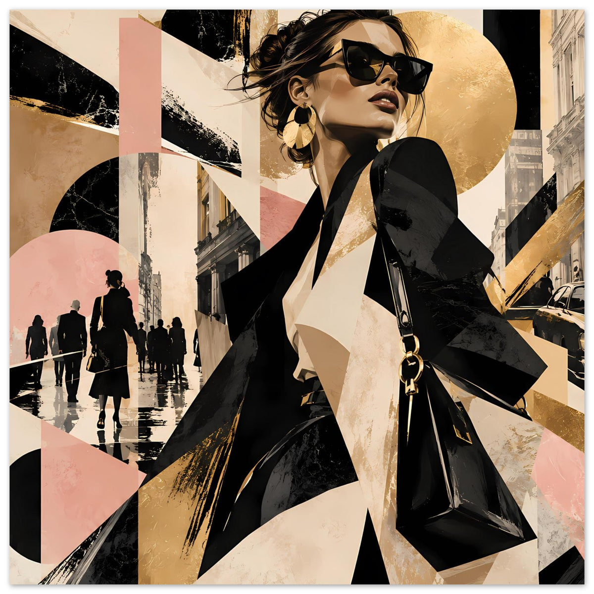Mode-Poster mit Fashion-Figur in Sonnenbrille, abstrakte Architektur, Schwarz-Gold und Pastellflächen