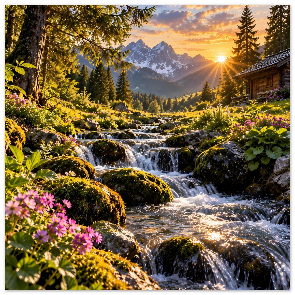 Poster mit Flussläufen und Wasserfällen, Tannenwald und Sonnenuntergang über Bergen