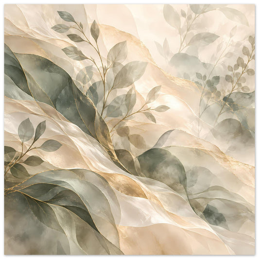 Nahaufnahme botanisches Kunstposter: Blattlinien und Ranken in Salbeigrün, Creme, Gold