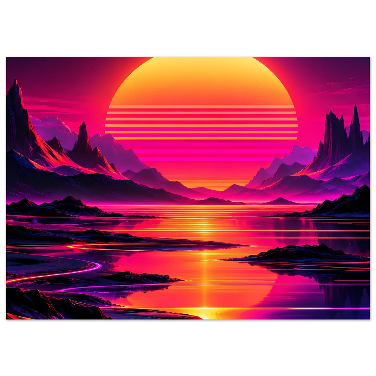 Neon-Poster im Querformat: retro Landschaft mit Bergen, Wasser und leuchtender Sonnenuntergangsszene