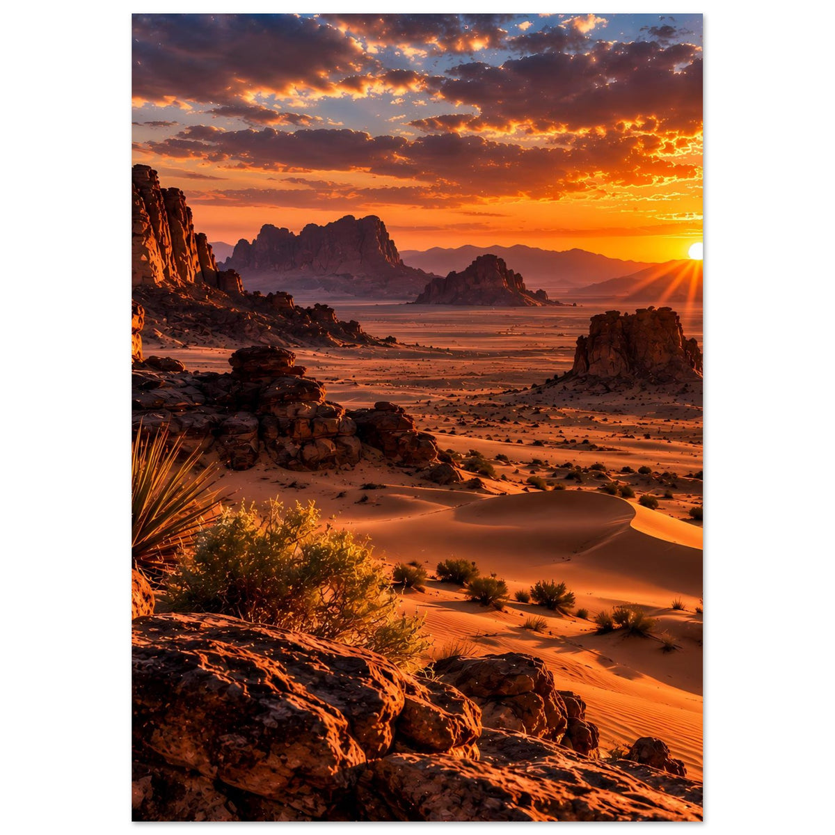 Poster im Hochformat mit Wüstendünen und Felsbergen bei Sonnenuntergang, Sonne rechts