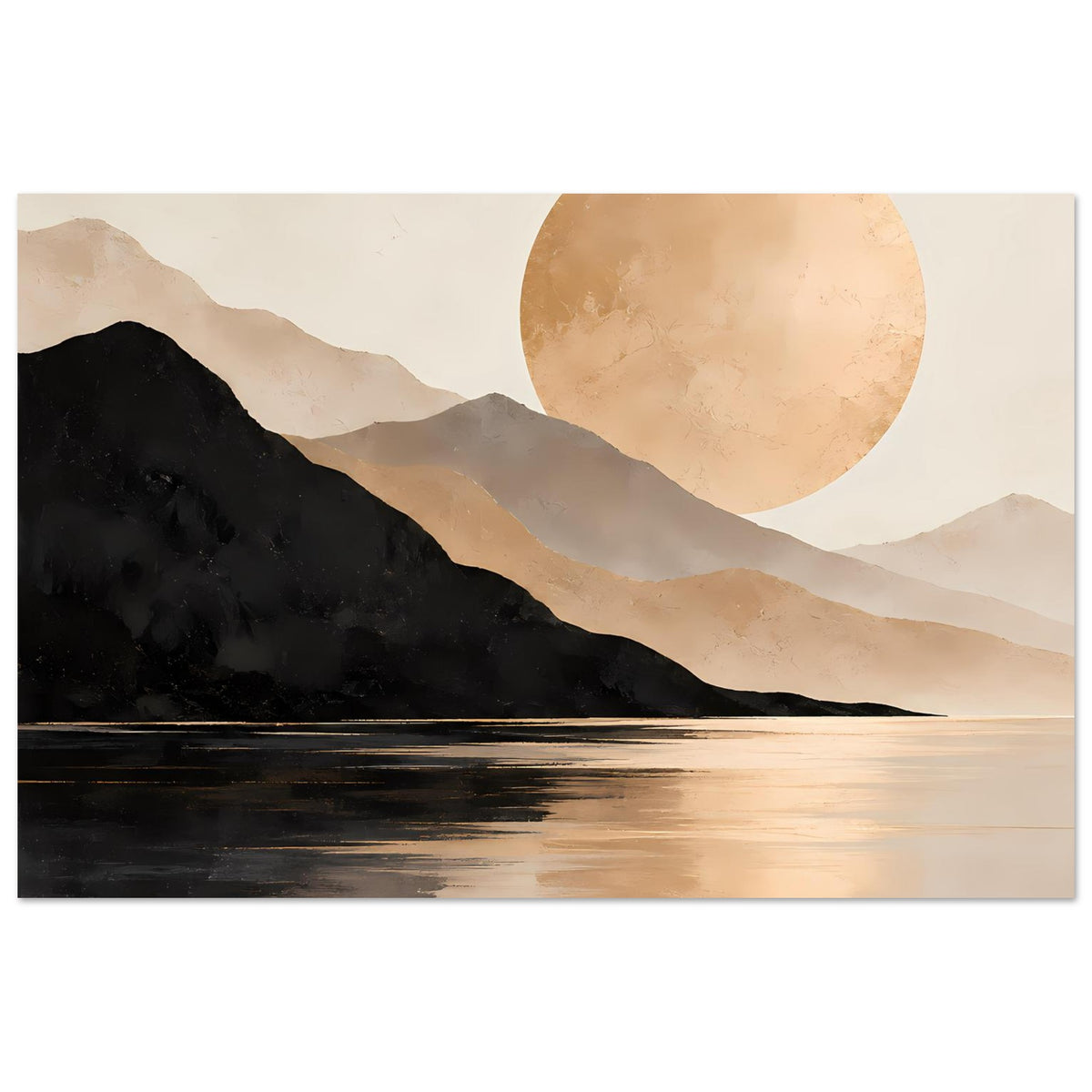 Poster mit Bergkette, goldener Sonnenrundform und ruhigem See im warmen Pastell