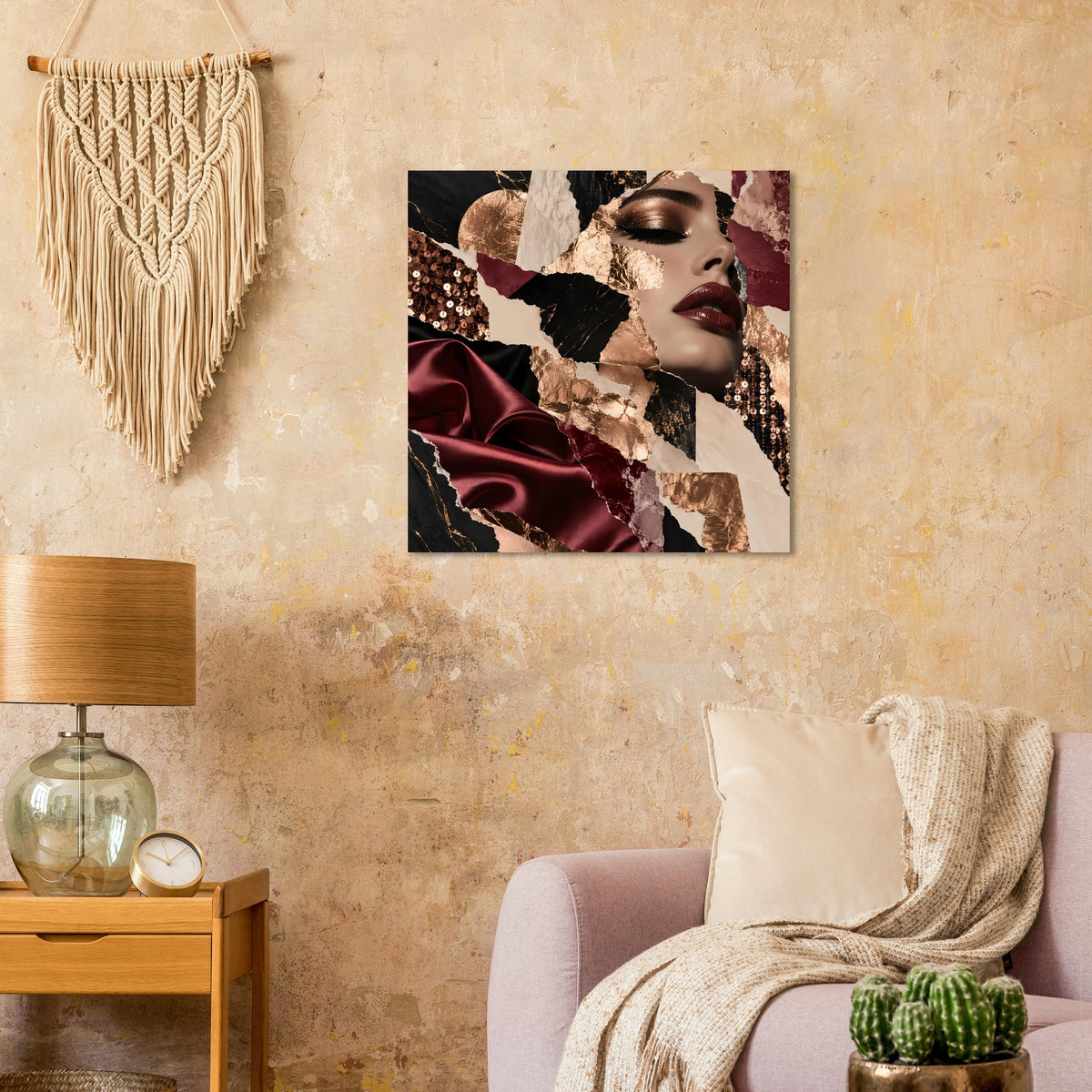 Posterbild mit stilisierter Frauenansicht: Bordeaux-Satin und goldene Akzente
