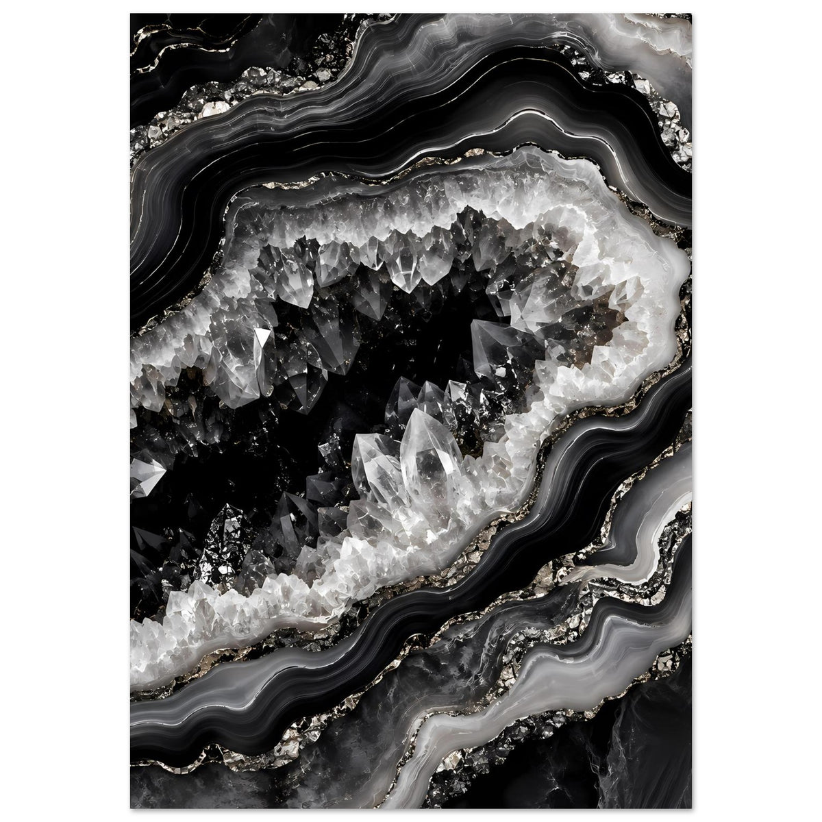Geoden-Wandposter, hochkant: weiß glänzende Kristalle im dunklen Geodezentrum