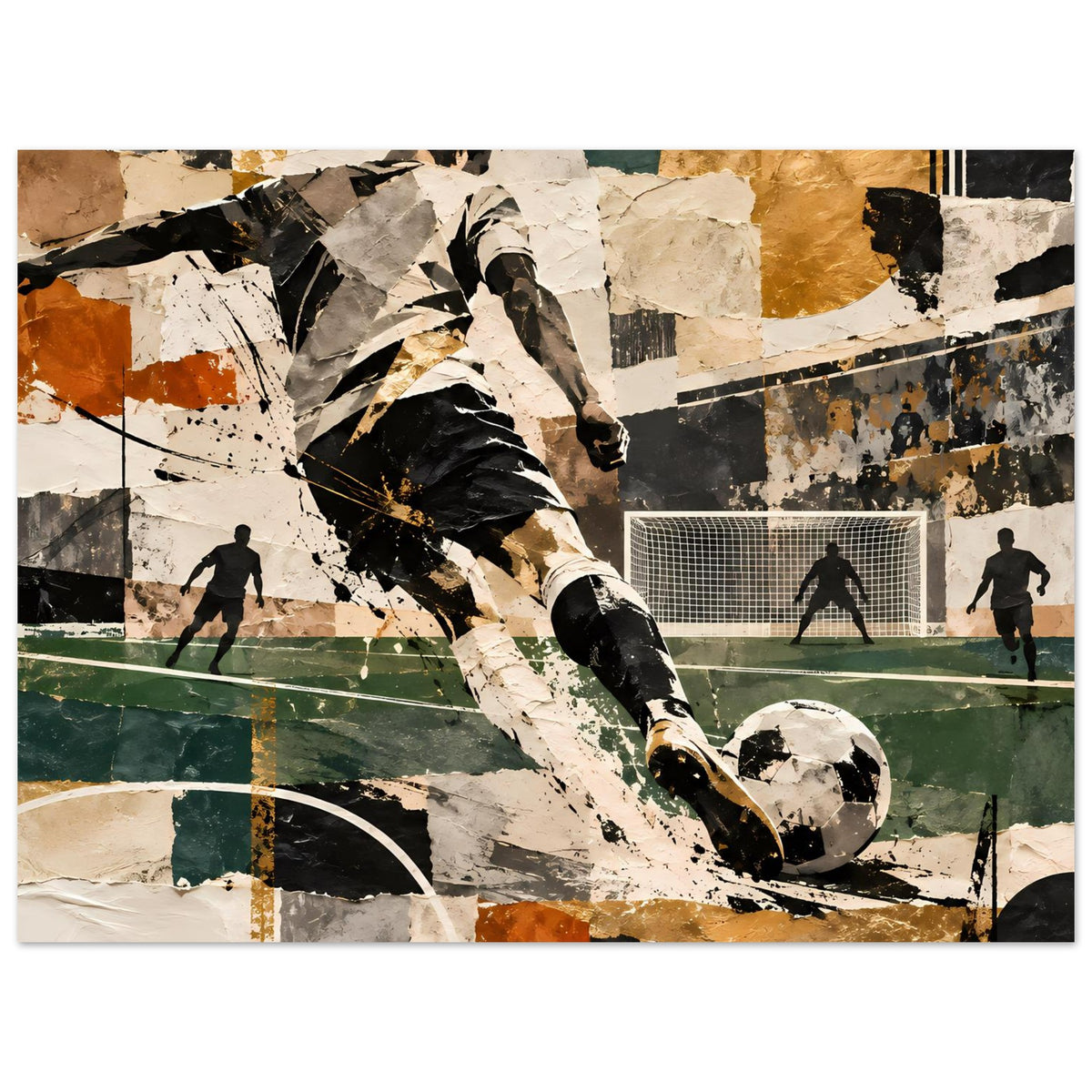 Horizontales Kunstposter mit abstraktem Fußballspieler und Ball, schwarz-weiß, goldene Formen, Holzrahmen