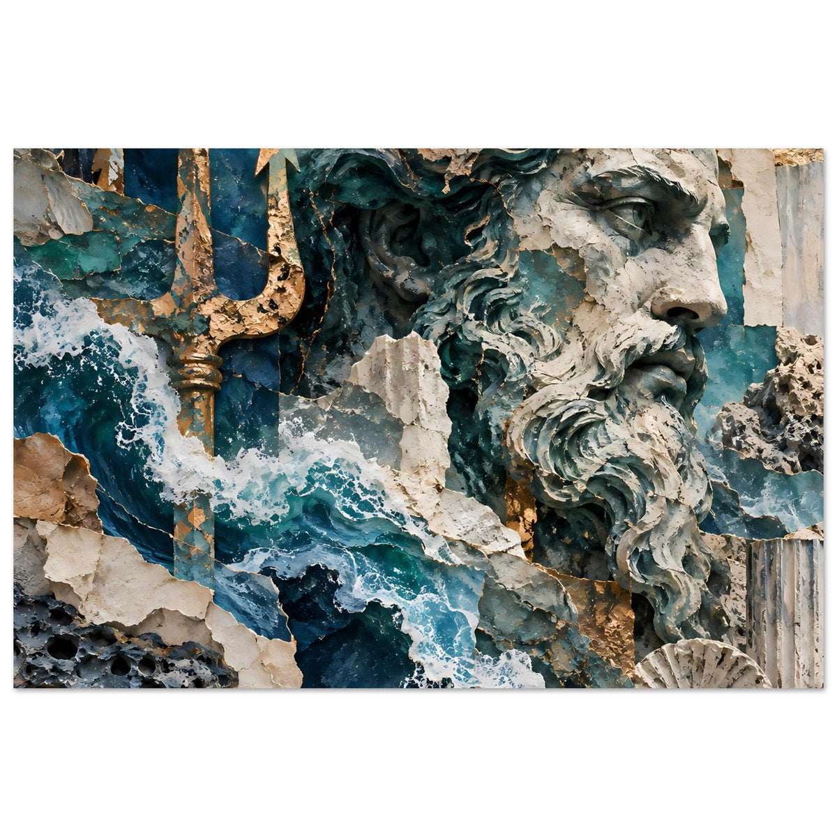 Poster mit Neptun-Relief, steinigen Rändern und blau-weißem Wellenverlauf