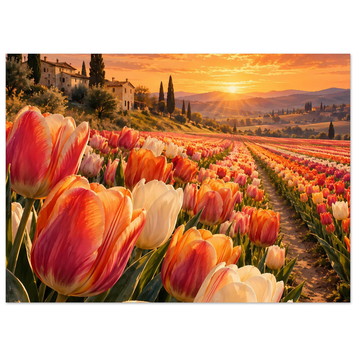 Horizontales Poster mit buntem Tulpenfeld im Abendlicht