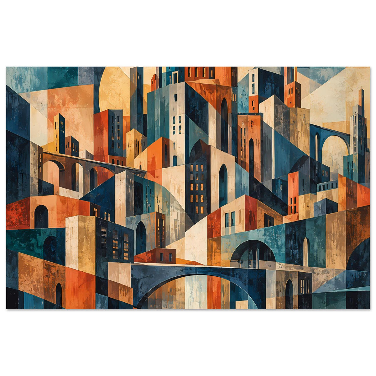 Geometrisches Stadtbild-Poster im Querformat mit Brückenbogen und Türmen in warmen Farbtönen