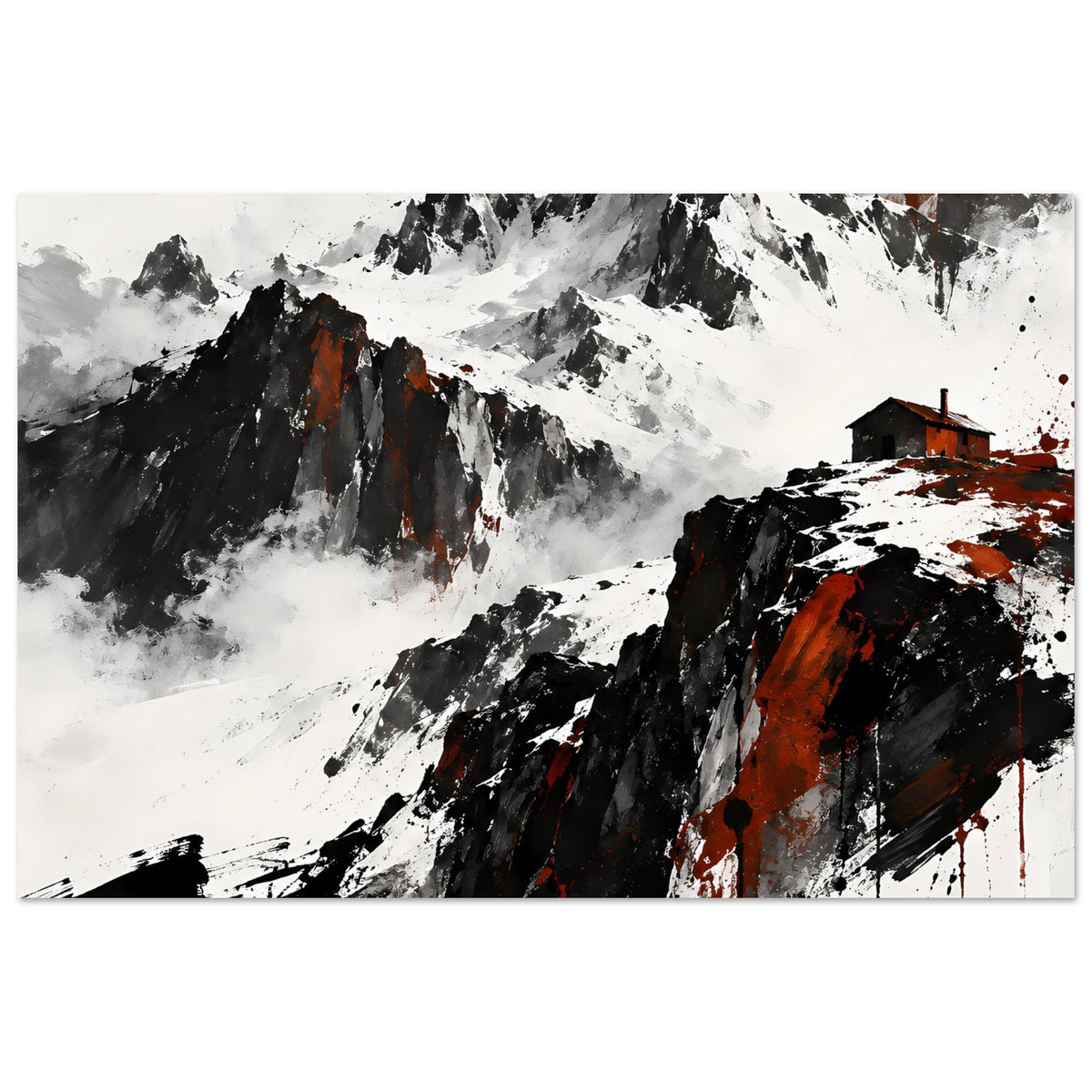 Berglandschafts-Poster mit kontrastreichen Gipfeln und Hütte rechts, Schwarz-Weiß mit Rot