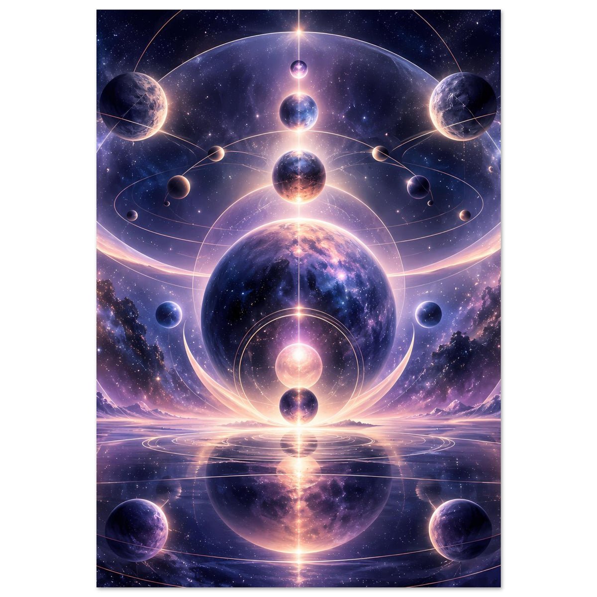 Poster im Hochformat mit kosmischem Motiv: Planetenkaskade und leuchtende Bahnen im All