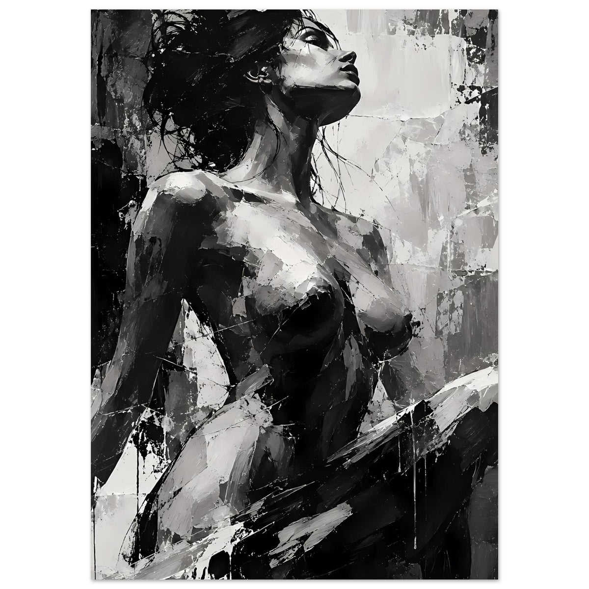 Abstraktes Frauenakt-Kunstposter in Schwarzweiß, weibliche Figur seitlich, kräftige Pinselstriche
