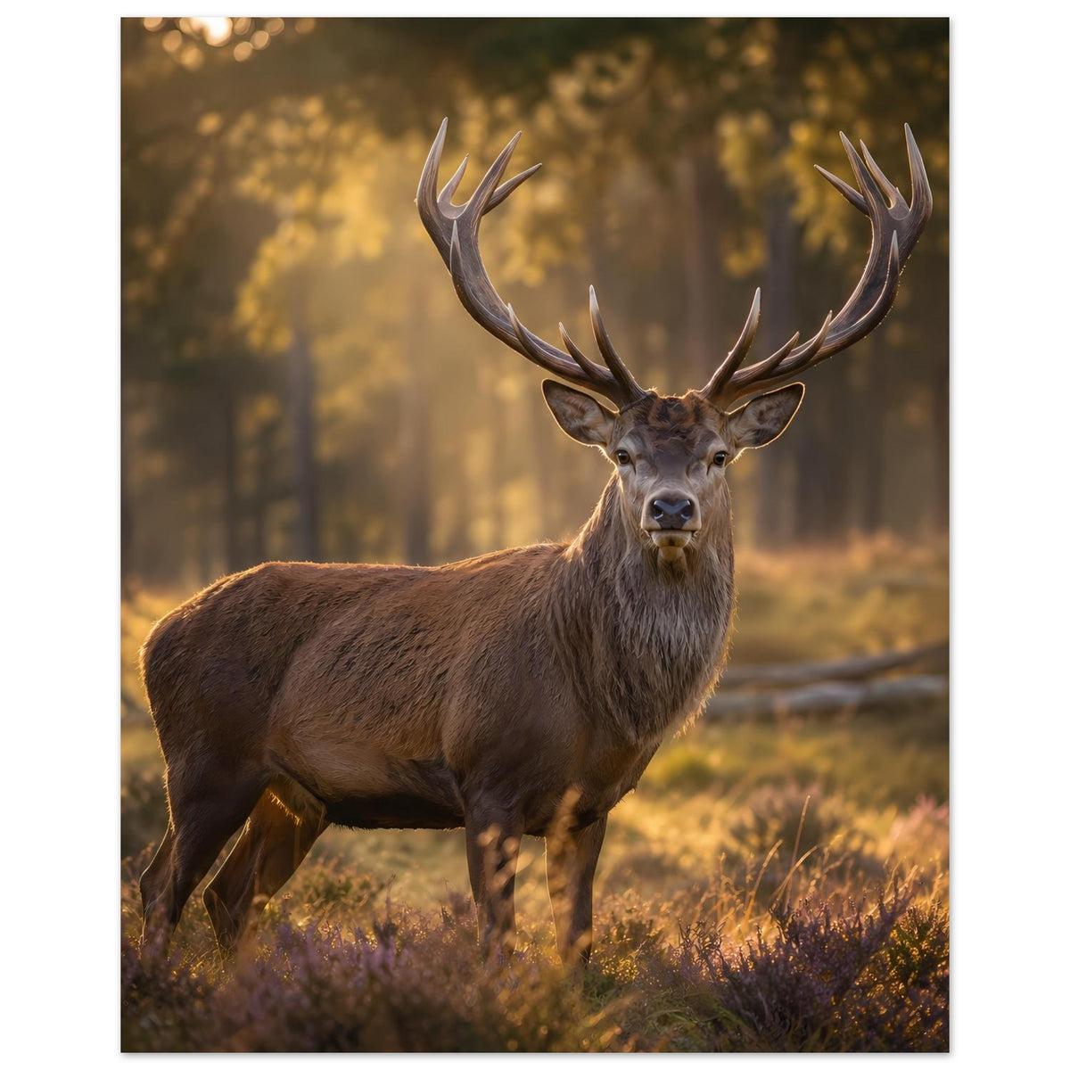 Hirschposter im Hochformat: stehender Hirsch mit Geweihstangen im Wald