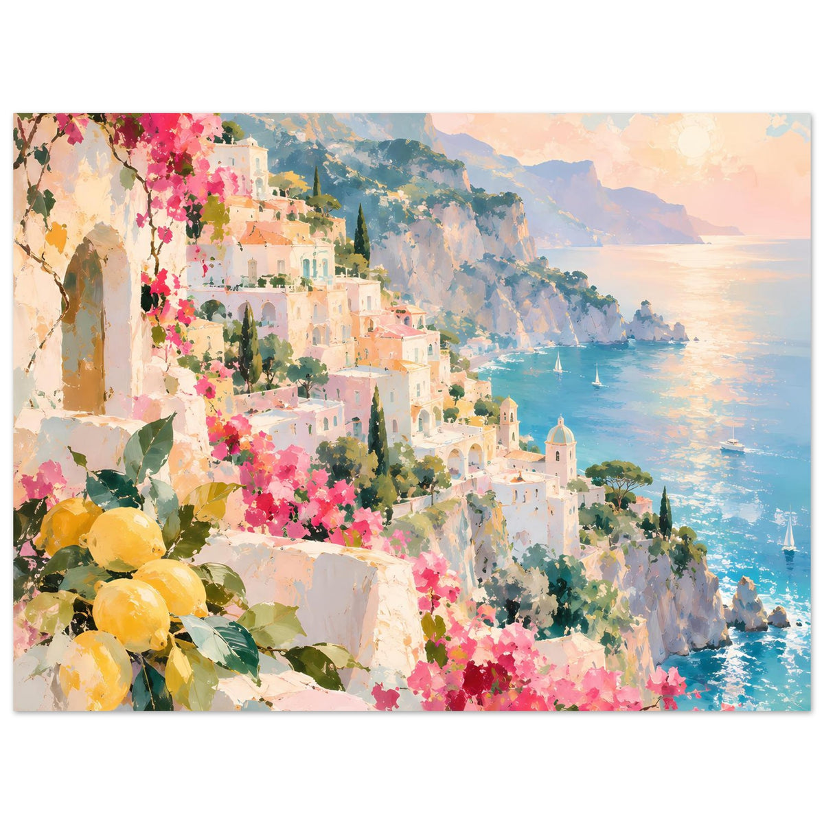 Poster mit Meerblick auf mediterrane Häuser, gelbe Zitronen, rosa Blüten und Berge