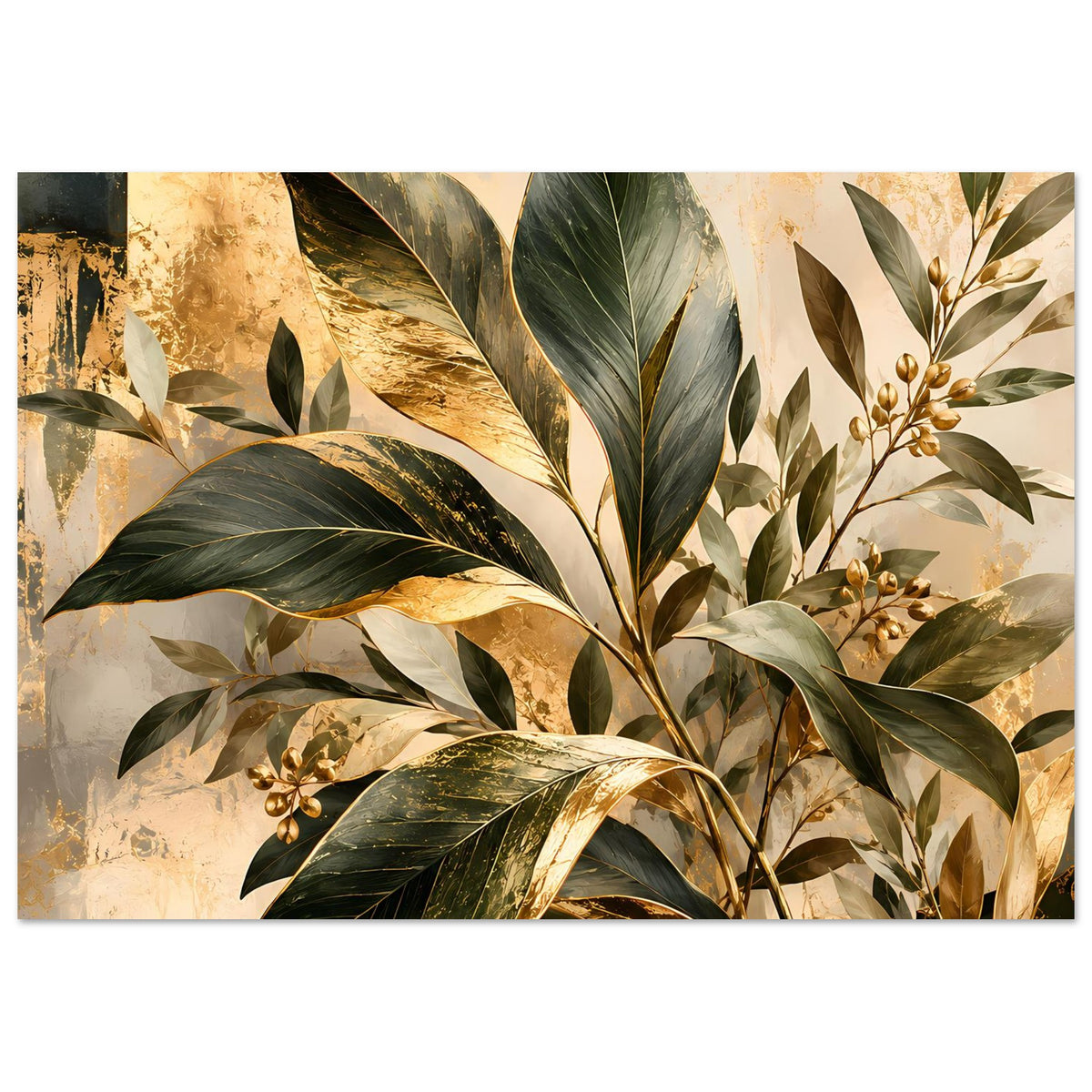 Breites botanisches Poster: gold schimmernde Linien, grüne Blätter und blütenartige Details.