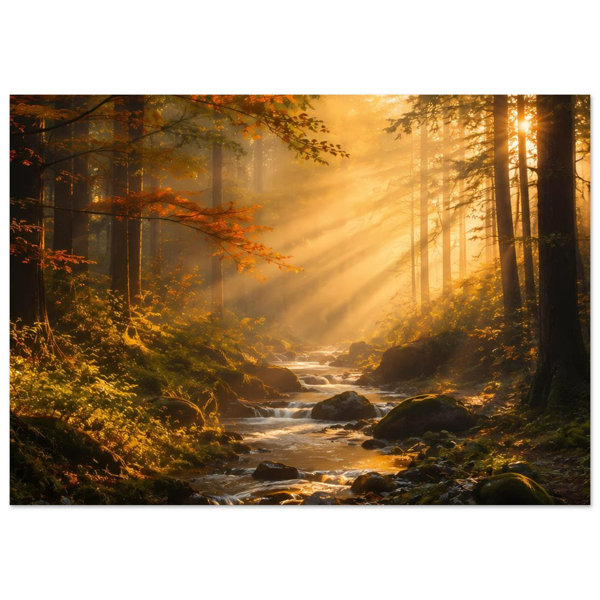 Horizontales Wandposter mit Sonnenaufgang, Bachlauf durch Herbstwald und dichte Baumreihen