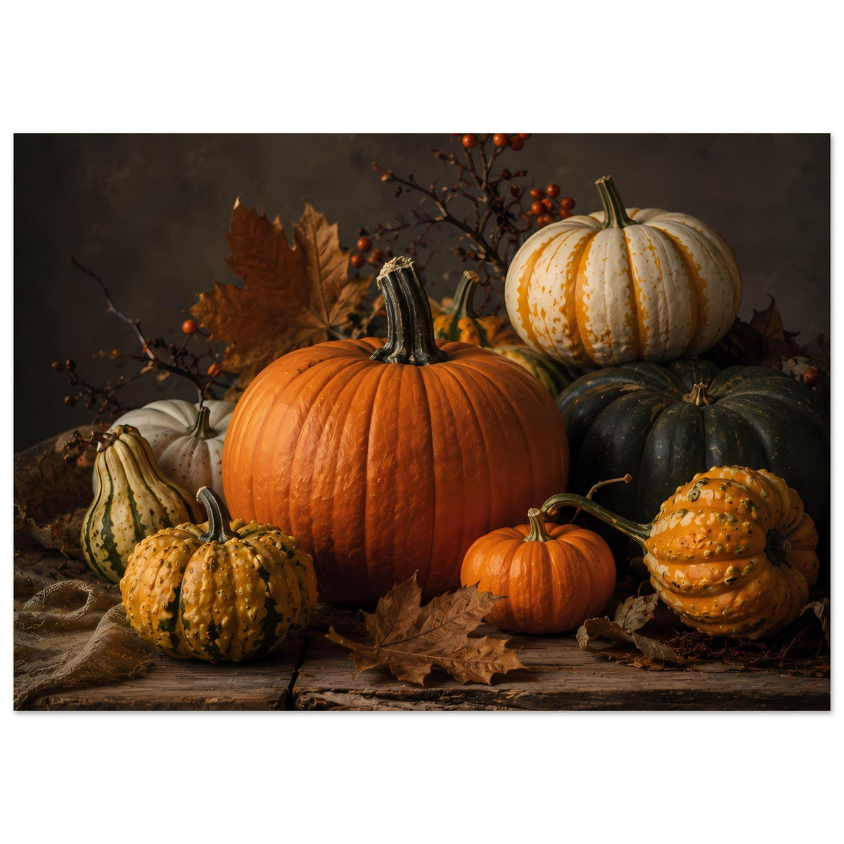 Herbstliche Kürbis-Komposition mit orangefarbenem Kürbis, weiß gestreiftem Kürbis und dunklem Kürbis