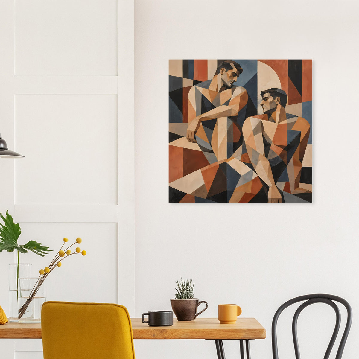 Geometrisches Poster mit zwei stilisierten Personen in warmen Erdtönen und Schwarz