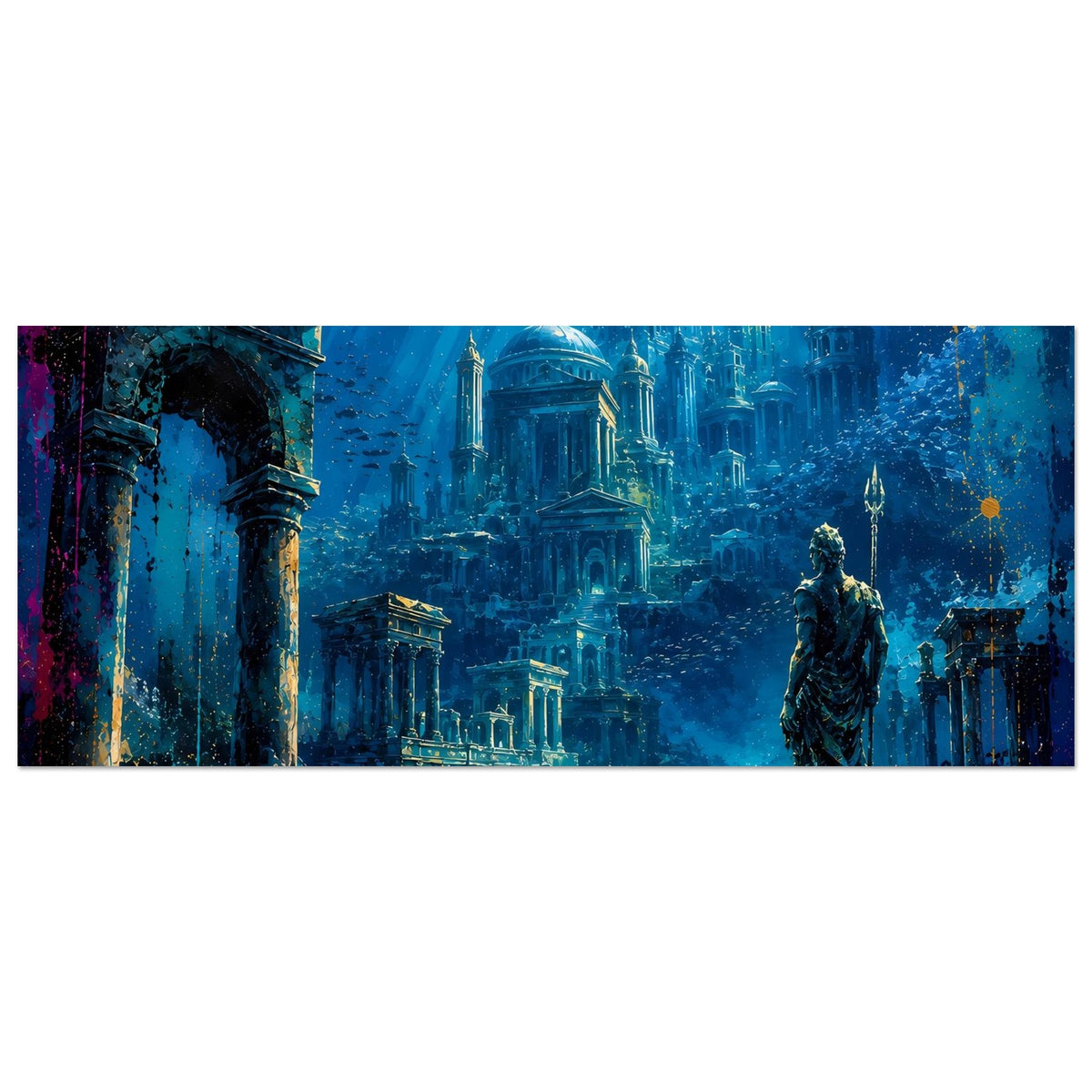 Horizontaler Poster-Ausschnitt: Unterwasserstadt Atlantis mit Statue und beleuchteten Gebäuden