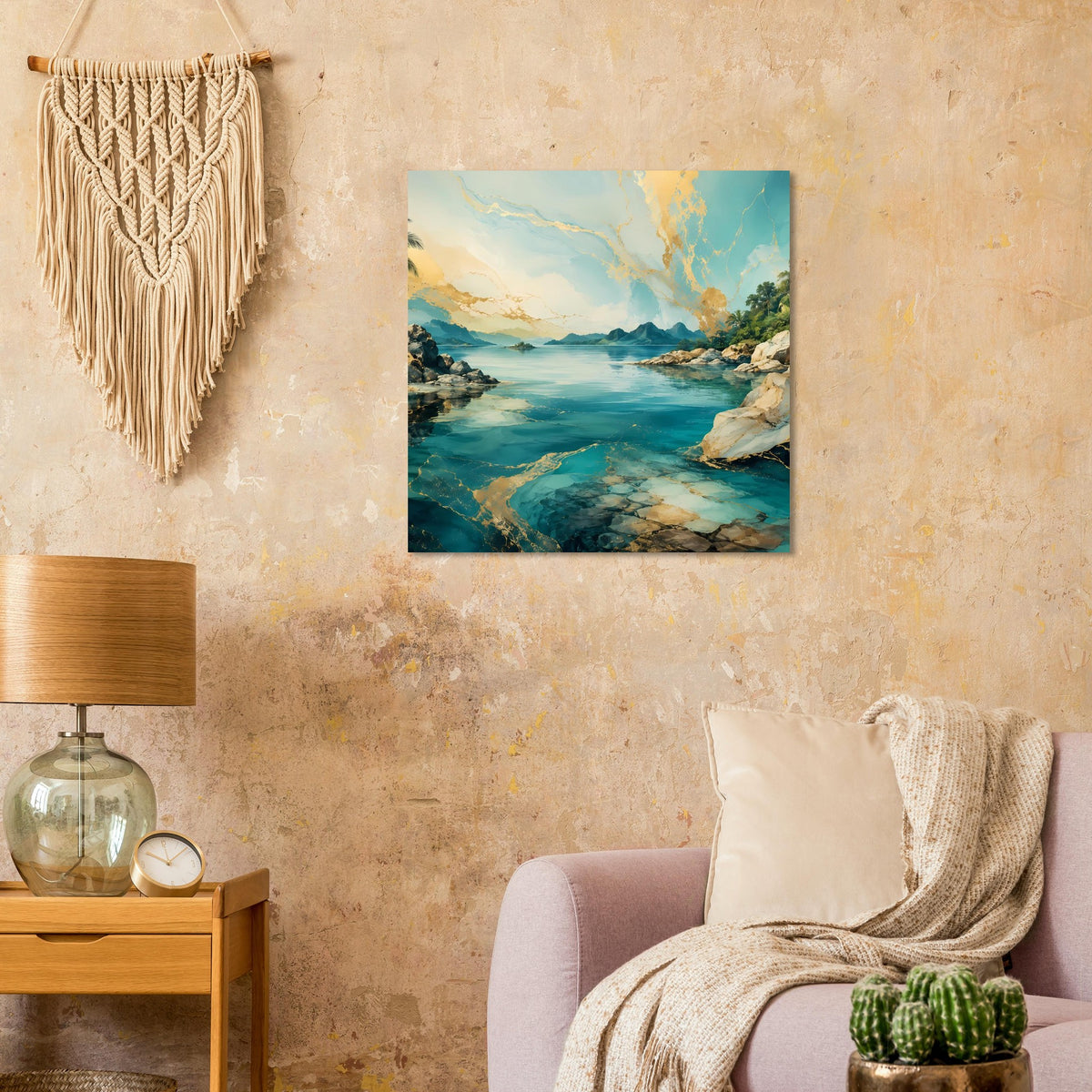 Quadratischer Wandposter mit Küstenlandschaft: Bucht mit türkisfarbenem Wasser und Felsufer