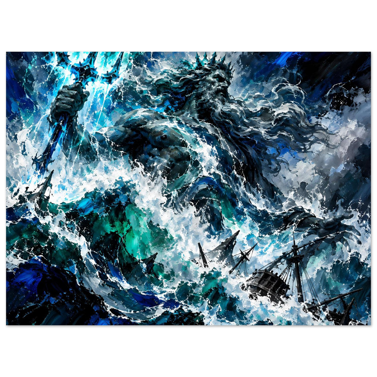 Meeressturm-Poster: Poseidon-ähnliche Figur zwischen Blitzen, Schaumwellen und Schiffen