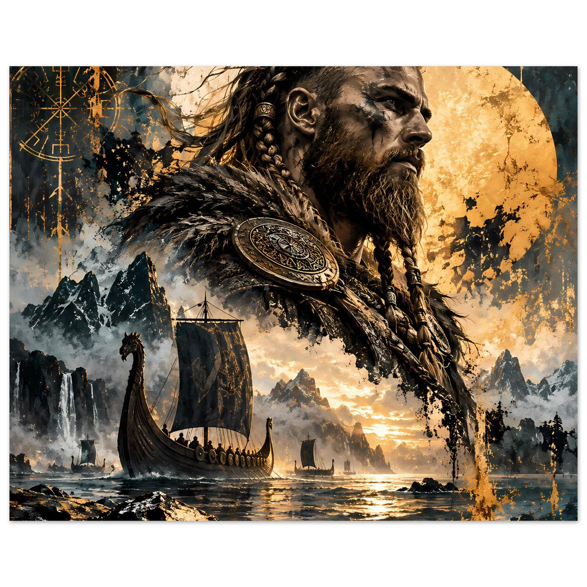 Wikingersoldaten-Poster im Querformat: Bartiger Krieger mit Ohrringen, Schild und Langboot am Wasser