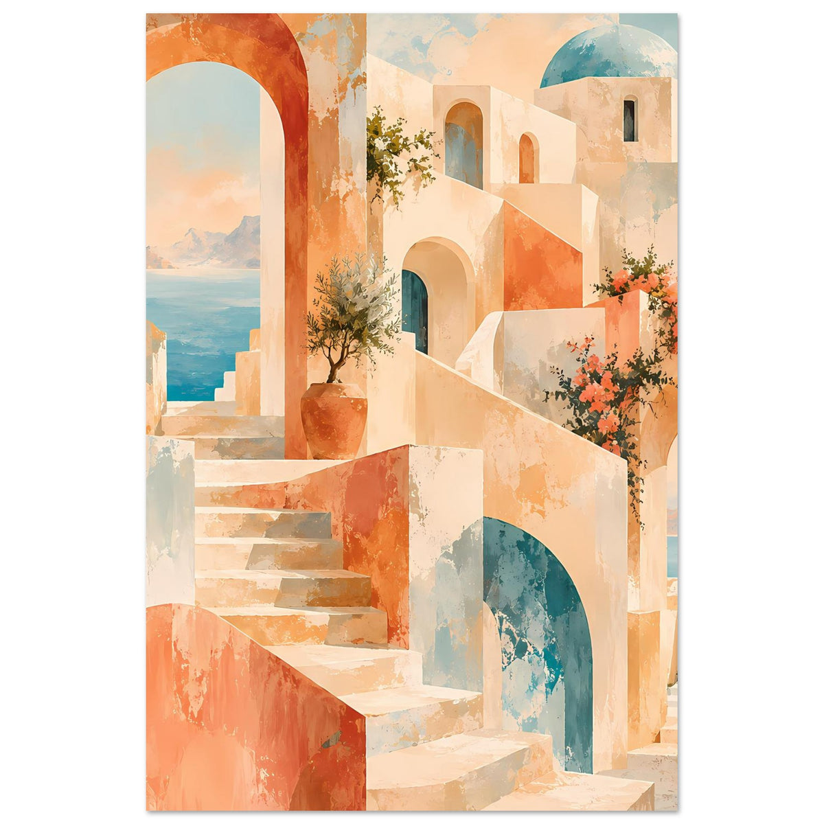 Mediterranes Poster (Hochformat): Bögen und Treppe, Tontopf mit Grünpflanze und rosa Blüten