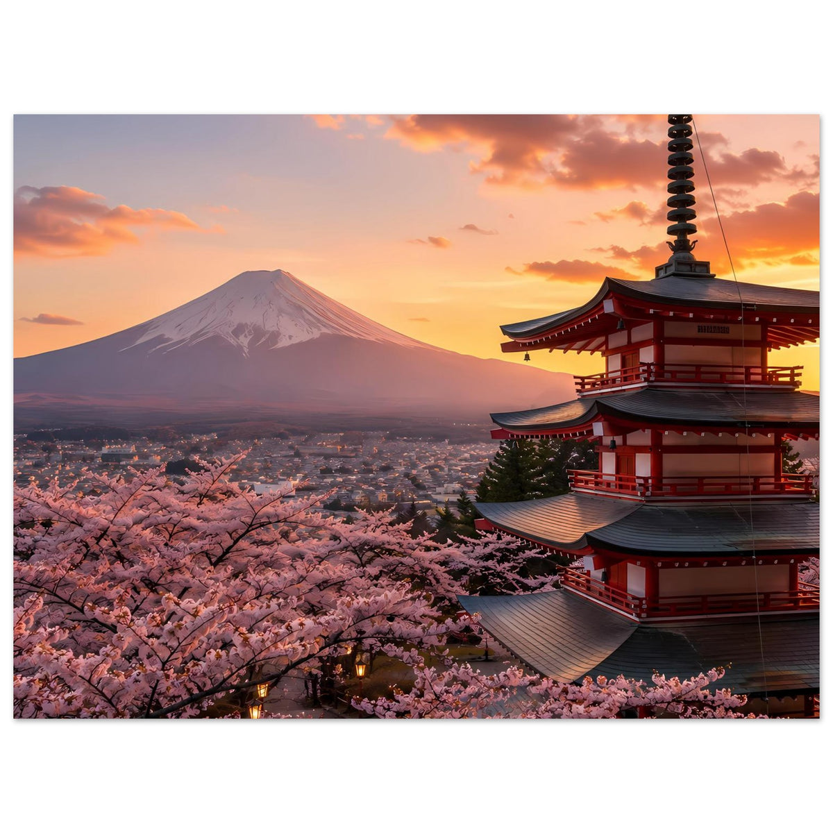 Japanisches Sonnenuntergang-Poster im Hochformat mit Kirschblüten, Mount Fuji und rotem Tempelbau