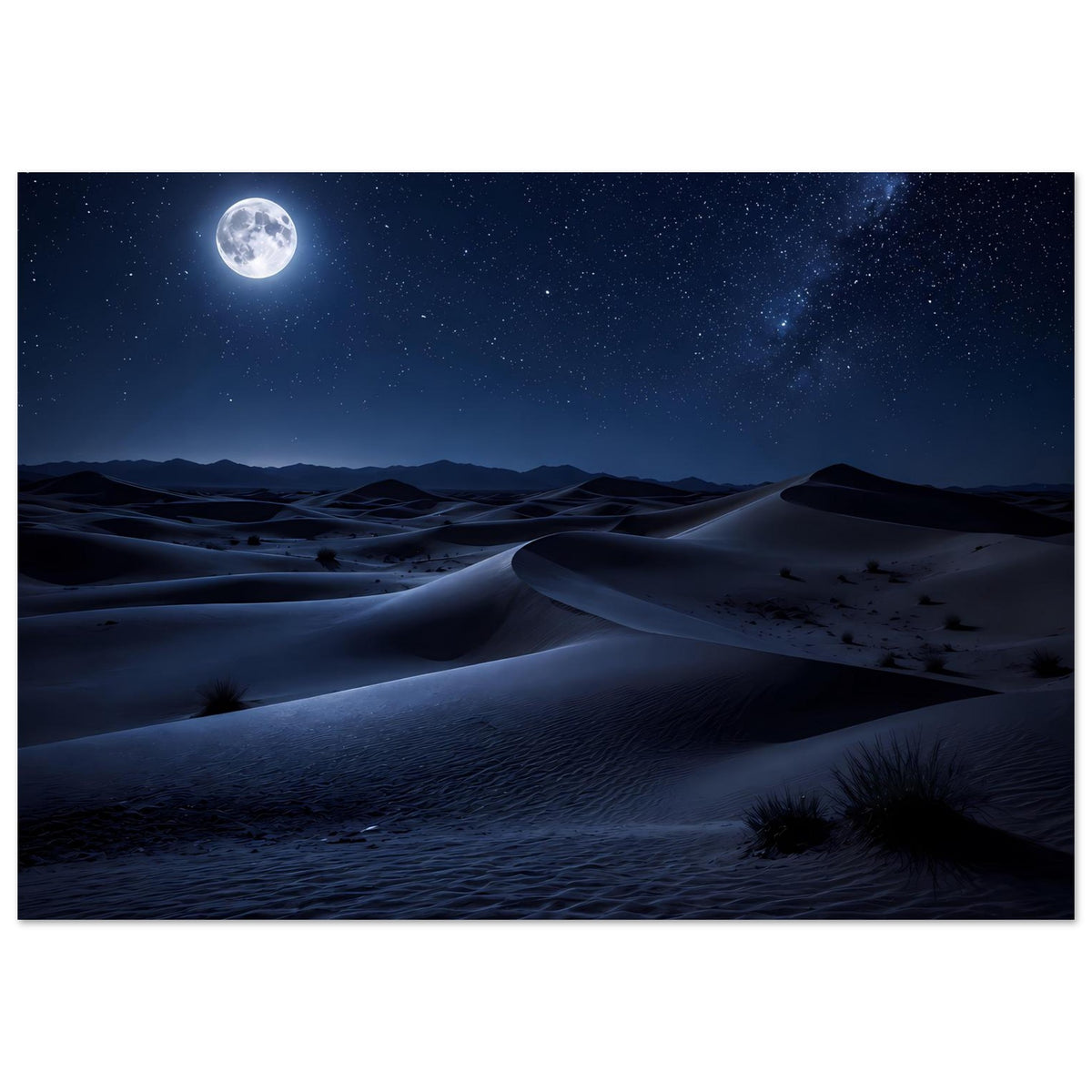 Poster im Querformat mit Vollmond, Sternenhimmel und sanften Wüstendünen bei Nacht