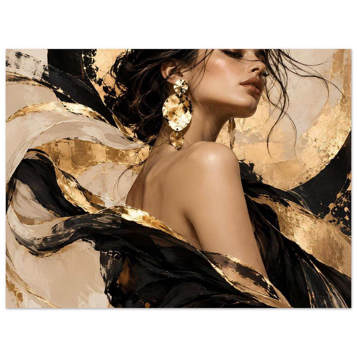 Poster mit Damenporträt im Quer-/Randbild: goldene Ohrringe, dunkles Kleid, Goldpinselstriche