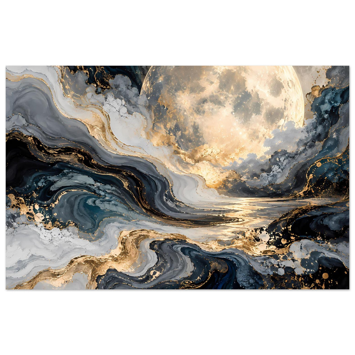 Poster im Querformat mit großem Mond und abstrakten marmorierten Wellen, goldene Akzente