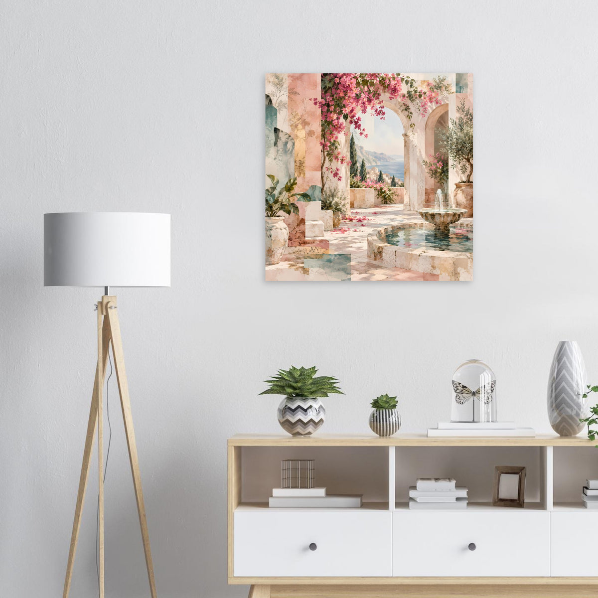 Quadratisches Kunstposter mit mediterraner Terrasse, Bögen und Brunnen